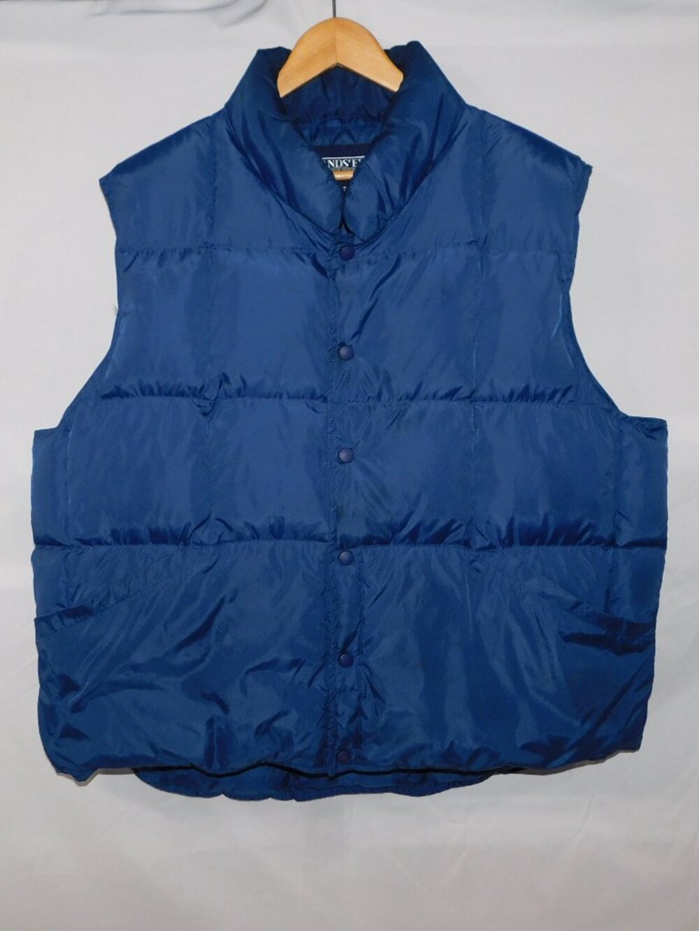 VTG Lands End Blue Goose Down Puffer Vest Unisex Men Women XL Snap Front